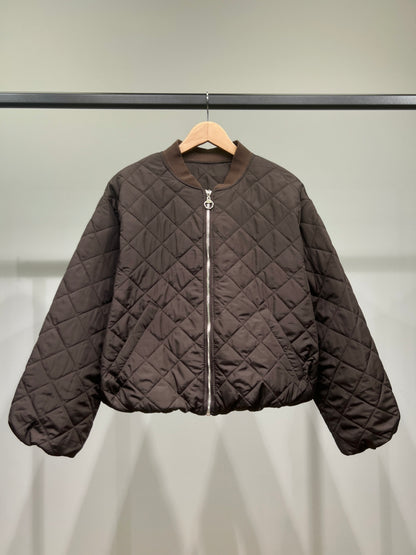 Blouson Matelassé Losange Large Zippé à Poches Manches Ballon