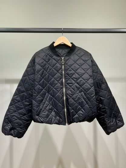 Blouson Matelassé Losange Large Zippé à Poches Manches Ballon