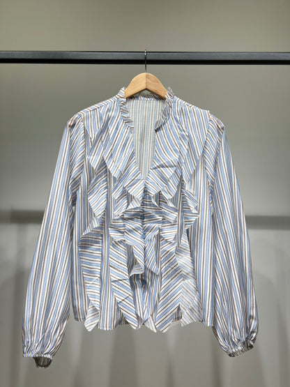 Chemisier Rayé à Volants Manches Bouffantes Élastique 85% Tencel