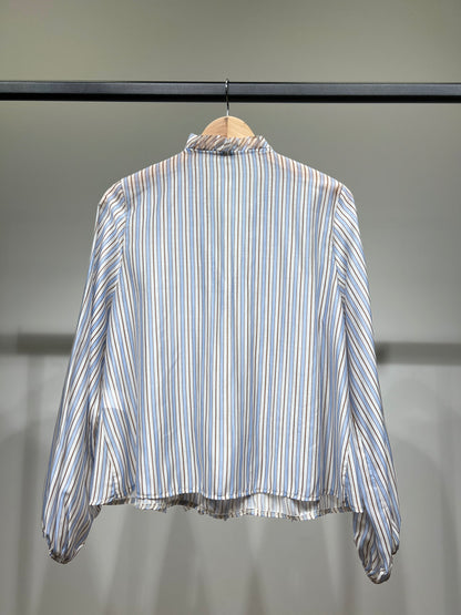 Chemisier Rayé à Volants Manches Bouffantes Élastique 85% Tencel