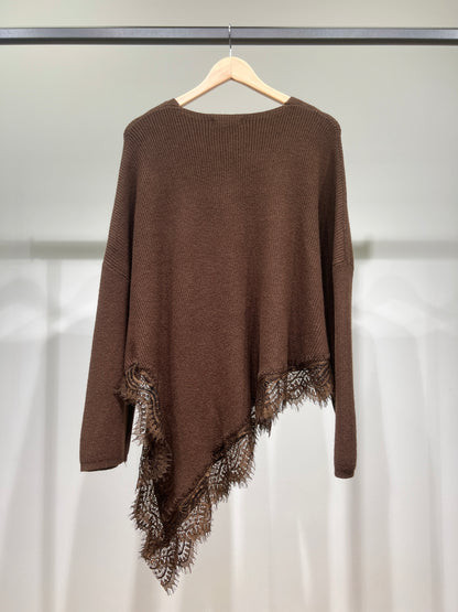 Pull Côtelé Col V Manche Longue Coupe Asymétrique À Dentelle