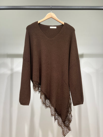 Pull Côtelé Col V Manche Longue Coupe Asymétrique À Dentelle