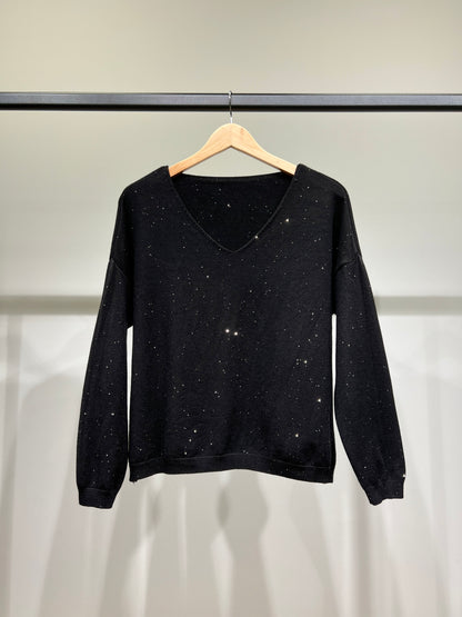 Pull Maille Fine Col V Brillant À Sequins Et Bords-Côtes