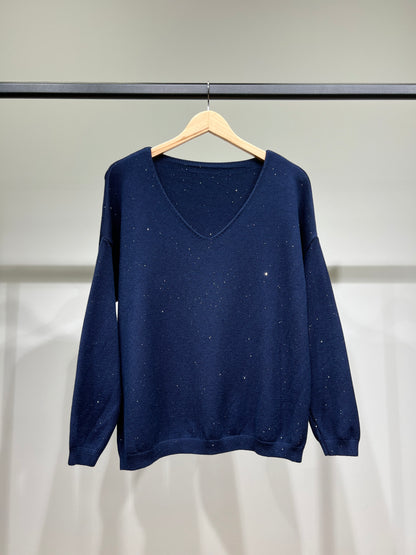Pull Maille Fine Col V Brillant À Sequins Et Bords-Côtes