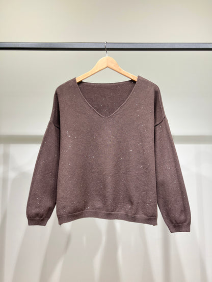 Pull Maille Fine Col V Brillant À Sequins Et Bords-Côtes