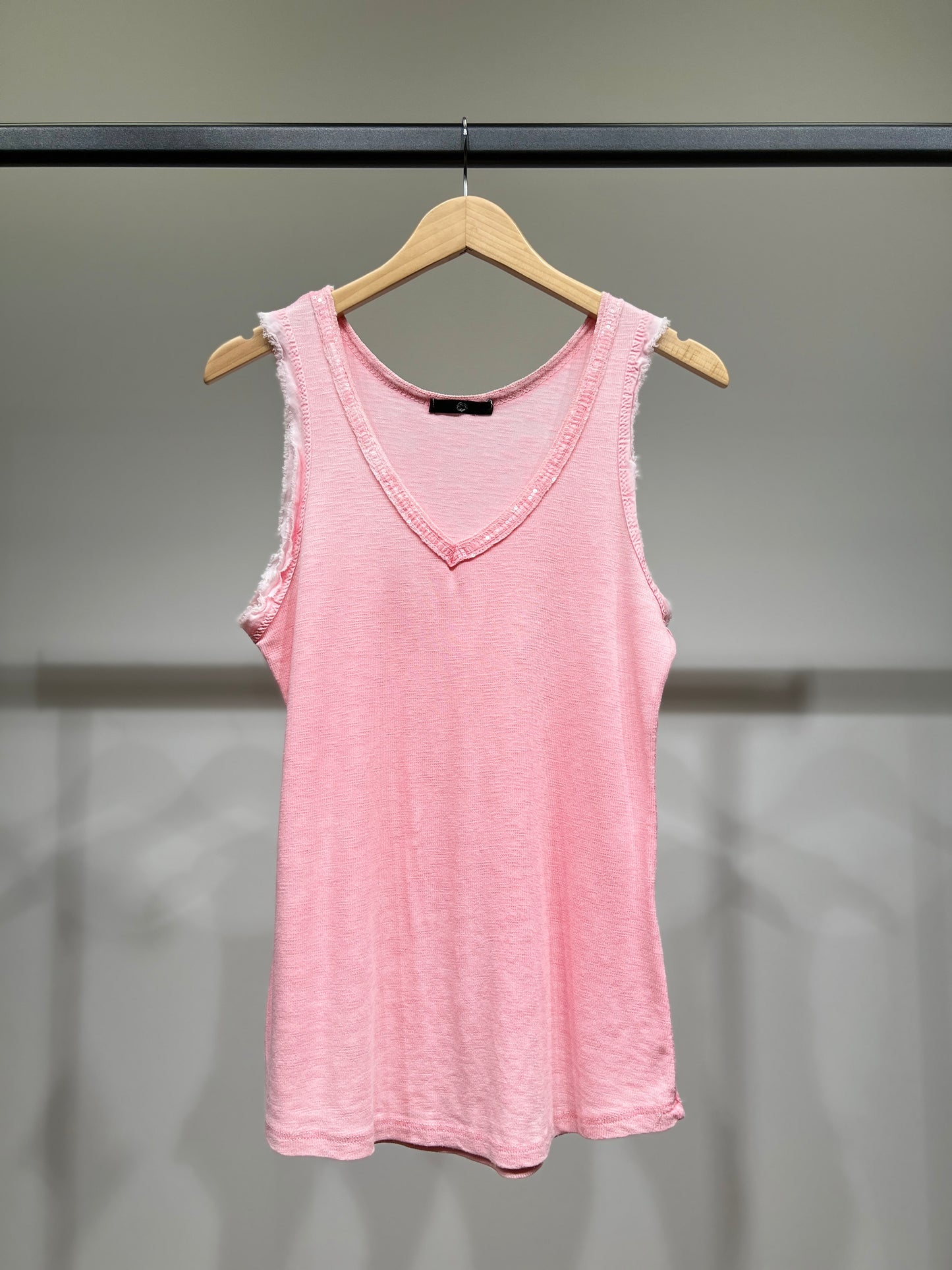 Débardeur Effet Effiloché Col V à Sequins 100% Coton