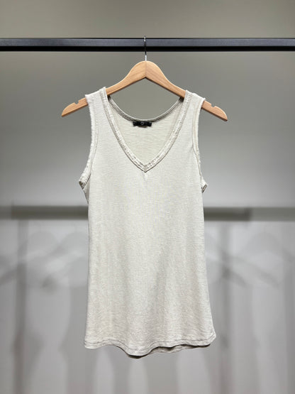 Débardeur Effet Effiloché Col V à Sequins 100% Coton