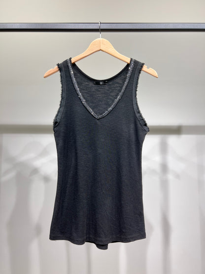 Débardeur Effet Effiloché Col V à Sequins 100% Coton