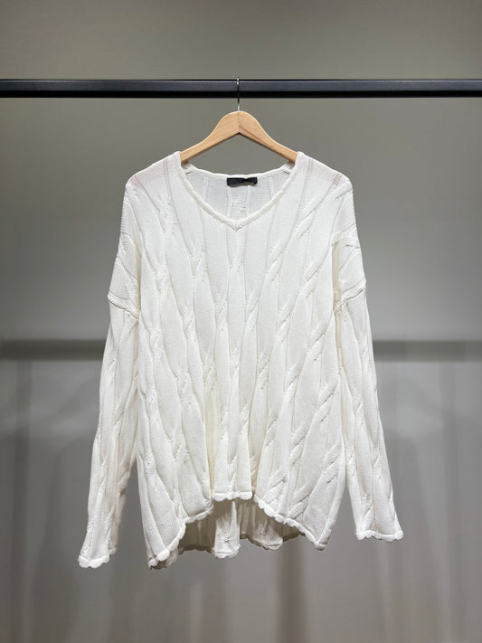 Pull Large Col V Motif Torsadé Délavé 100% Coton