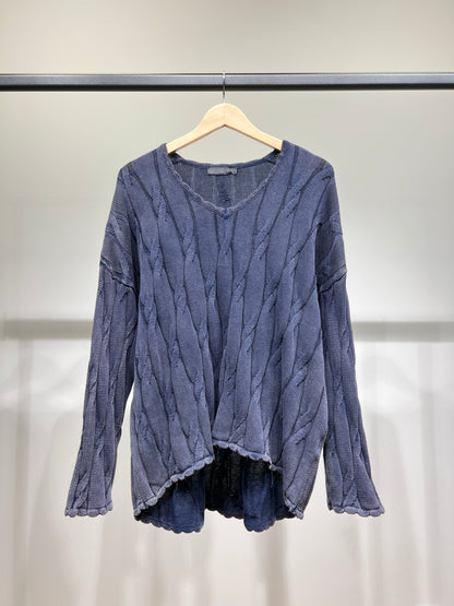 Pull Large Col V Motif Torsadé Délavé 100% Coton