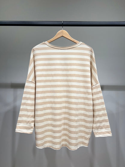 Pull Large Motif Marinière Col V 100% Coton