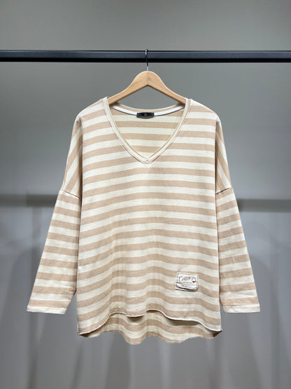 Pull Large Motif Marinière Col V 100% Coton