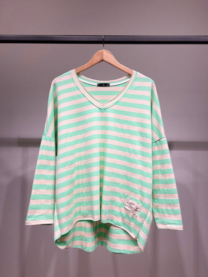 Pull Large Motif Marinière Col V 100% Coton