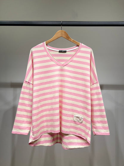 Pull Large Motif Marinière Col V 100% Coton