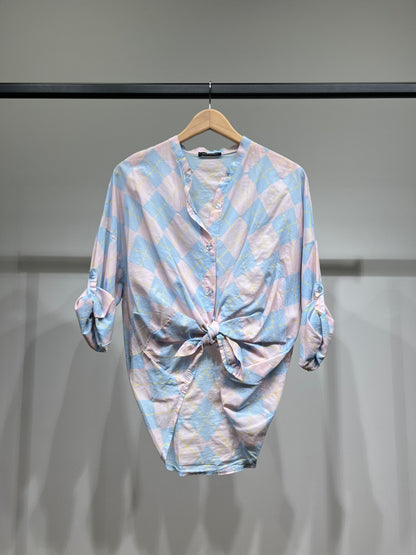 Chemisier Léger à Manches Boutonnées Motif Argyle 100% Coton