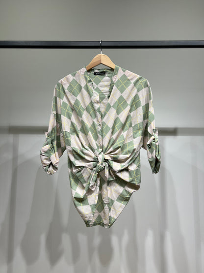 Chemisier Léger à Manches Boutonnées Motif Argyle 100% Coton