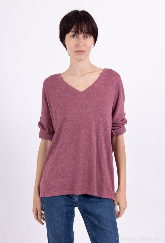 T-Shirt Manche Longue Col V Ouverture Dos Nœud Décoratif