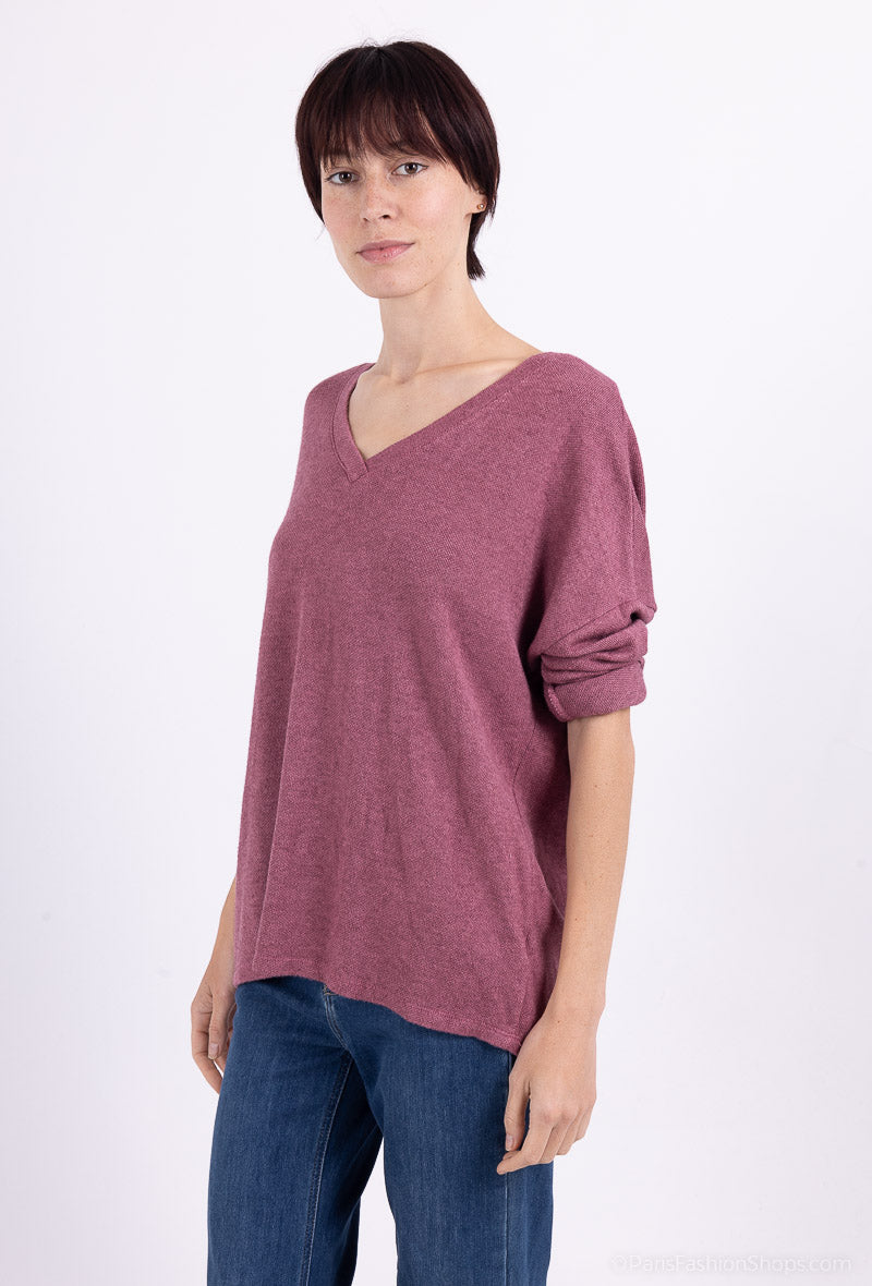 T-Shirt Manche Longue Col V Ouverture Dos Nœud Décoratif