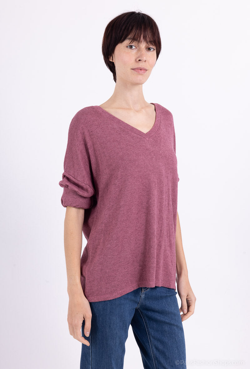 T-Shirt Manche Longue Col V Ouverture Dos Nœud Décoratif