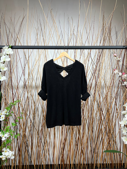 T-Shirt Manche Longue Col V Ouverture Dos Nœud Décoratif