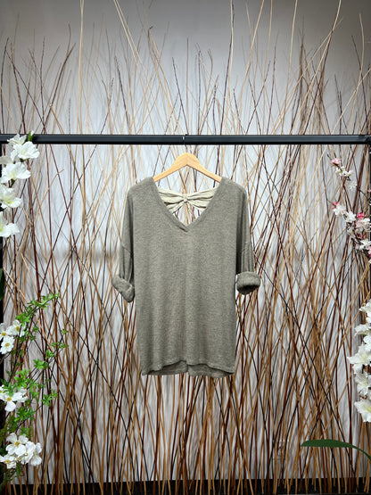 T-Shirt Manche Longue Col V Ouverture Dos Nœud Décoratif