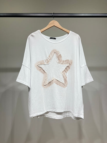 T-Shirt Large Motif Étoile Brodé à Sequins 100% Coton