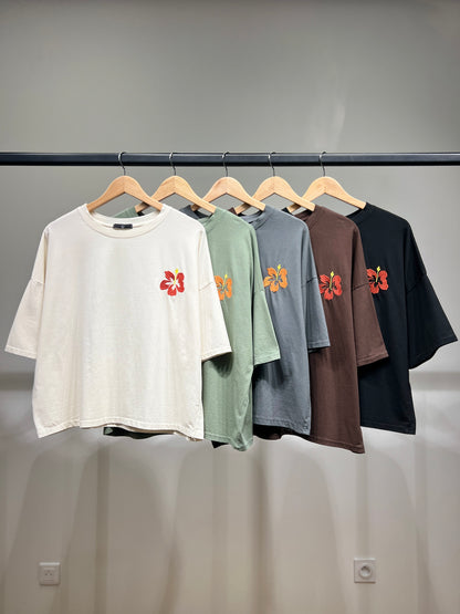 T-Shirt Large Cropped Manche Courte à Fleur Brodé 100% Coton