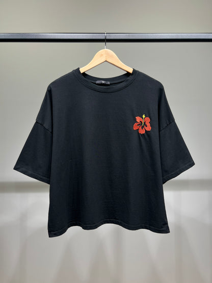 T-Shirt Large Cropped Manche Courte à Fleur Brodé 100% Coton