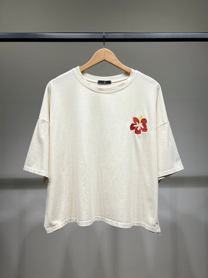 T-Shirt Large Cropped Manche Courte à Fleur Brodé 100% Coton