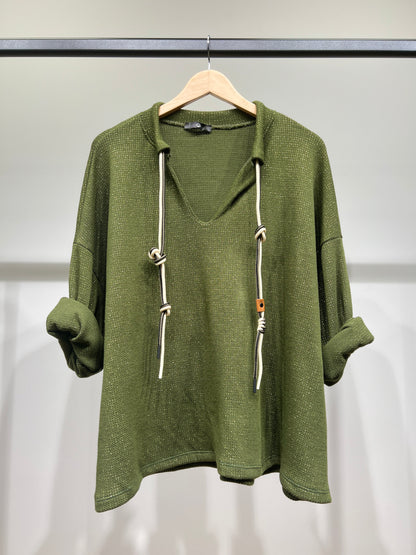 Pull Col Fendu à Cordon De Serrage à Lurex Doré