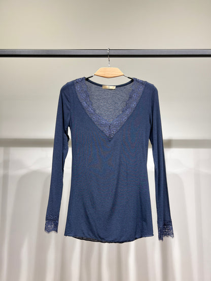 T-Shirt Léger Col V Manches Longue Dentelles 15% Cachemire