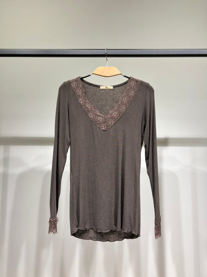 T-Shirt Léger Col V Manches Longue Dentelles 15% Cachemire