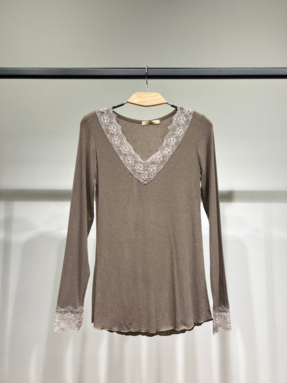 T-Shirt Léger Col V Manches Longue Dentelles 15% Cachemire