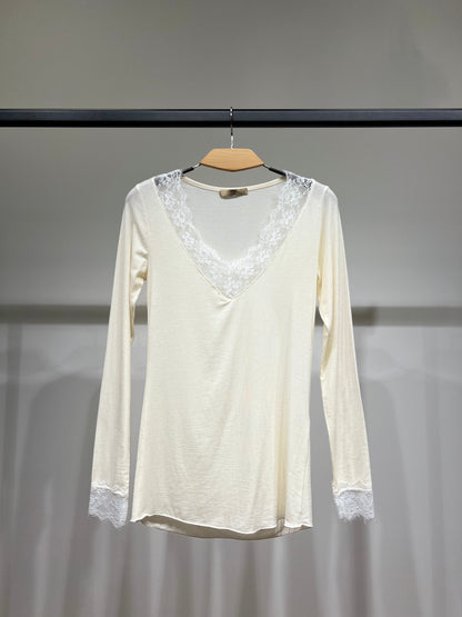 T-Shirt Léger Col V Manches Longue Dentelles 15% Cachemire