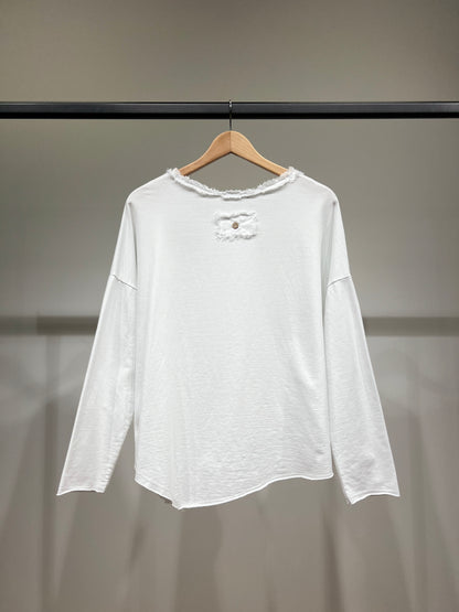 Pull Large Col Rond Coupe Asymétrique à Franges 95% Coton