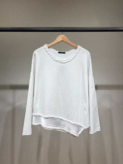 Pull Large Col Rond Coupe Asymétrique à Franges 95% Coton