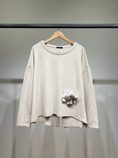 Pull Large Col Rond Décoration Florale 70% Coton