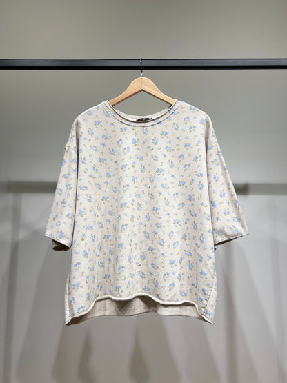 Sweat Large Col Rond Manche 3/4 à Motif Floral 70% Coton