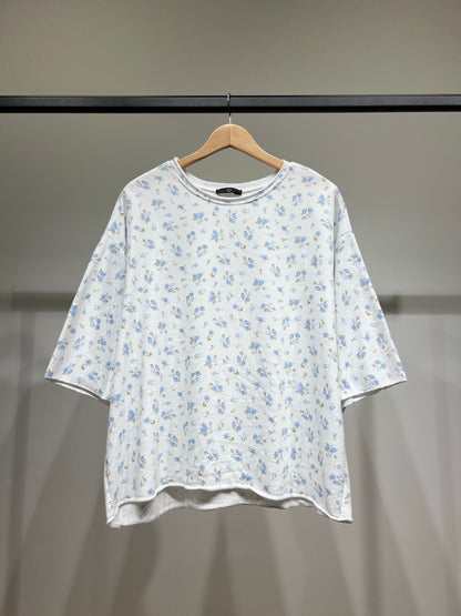 Sweat Large Col Rond Manche 3/4 à Motif Floral 70% Coton