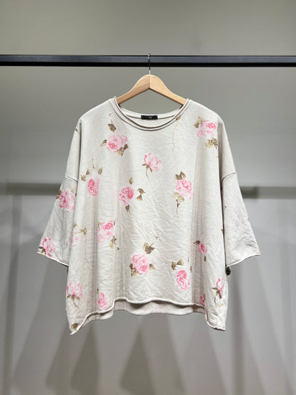 Pull Large Confort Manche 3/4 Motif Fleuri 70% Coton