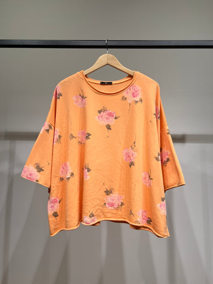 Pull Large Confort Manche 3/4 Motif Fleuri 70% Coton