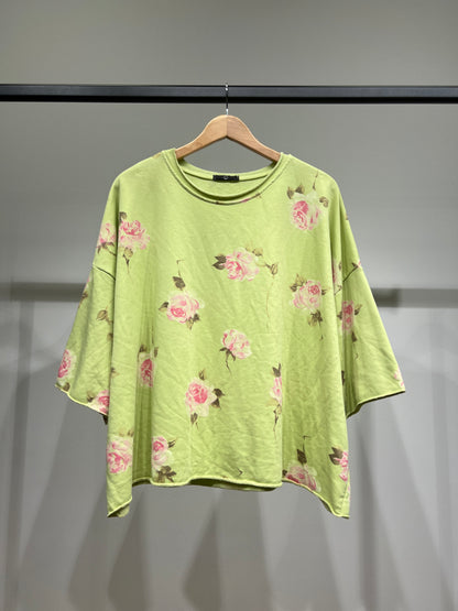 Pull Large Confort Manche 3/4 Motif Fleuri 70% Coton