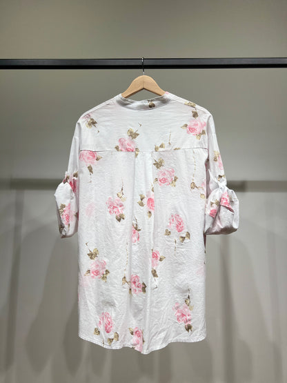 Chemisier Motif Floral High Low Manches Boutonnées 97% Coton