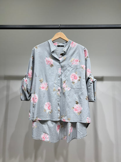 Chemisier Motif Floral High Low Manches Boutonnées 97% Coton