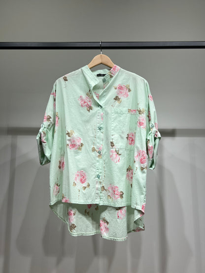 Chemisier Motif Floral High Low Manches Boutonnées 97% Coton