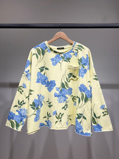 Pull Large à Motif Floral Et Poche Poitrine 70% Coton