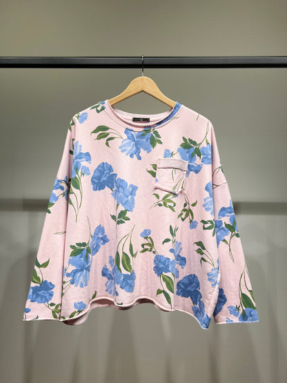 Pull Large à Motif Floral Et Poche Poitrine 70% Coton