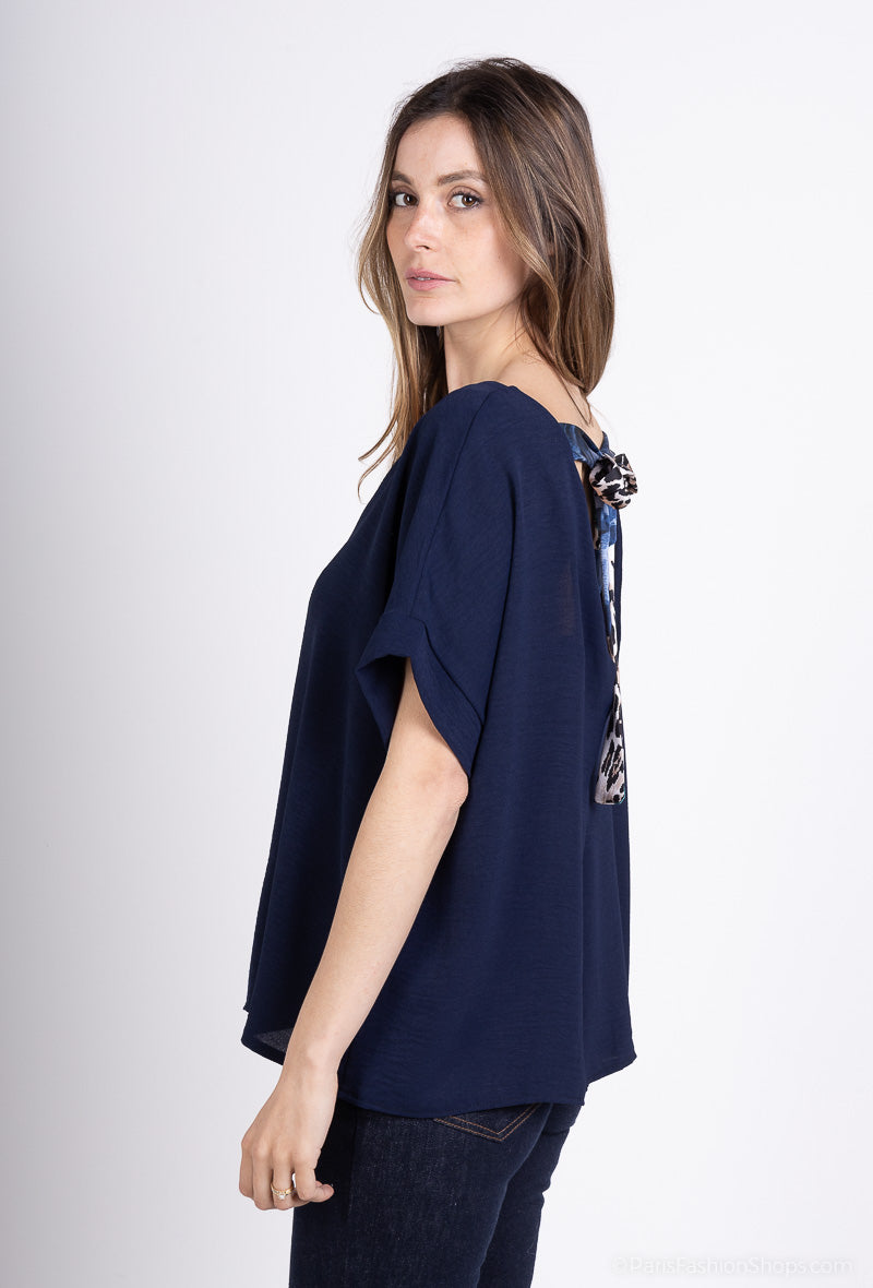 T-Shirt Col V Dos Ouvert Nœud Décoratif Léopard