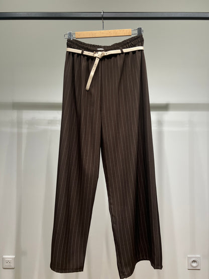 Pantalon Large Taille Élastique Ceinture & Rayures Fines