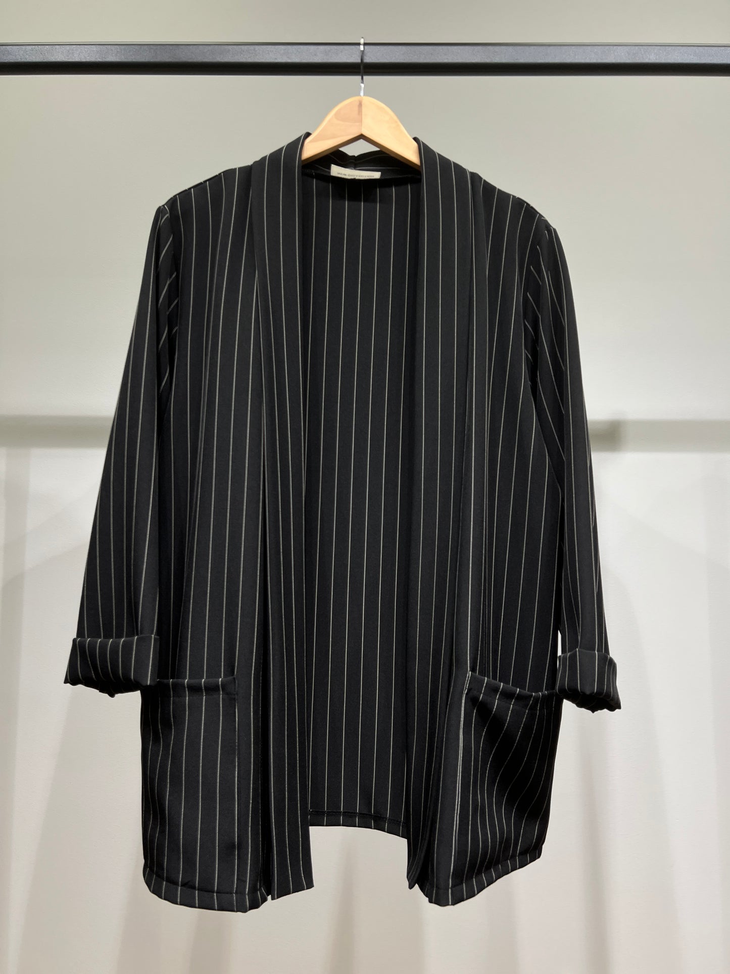 Blazer Ouvert Large Manche Longue à Poches & Rayures Fines